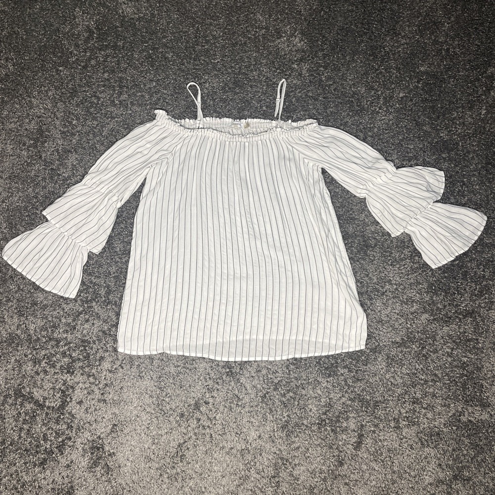 CALVIN KLEIN WHITE‎ & GRAY STRIPED BELL SLEEVE OFF SHOULDER TOP SIZE: LARGE